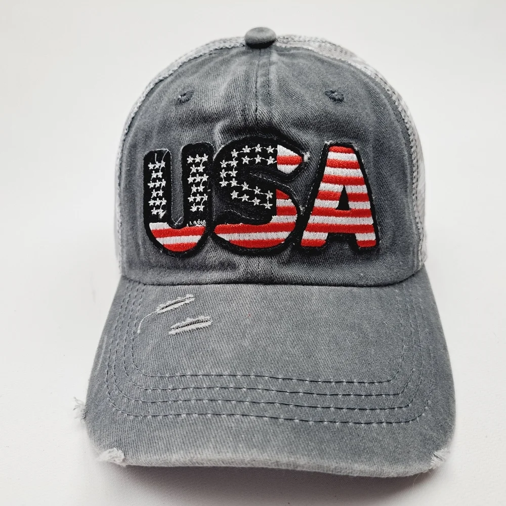 Patriotic USA Embroidered Patch Ponytail Hat Cap Mesh Net Stars Gray Rel…